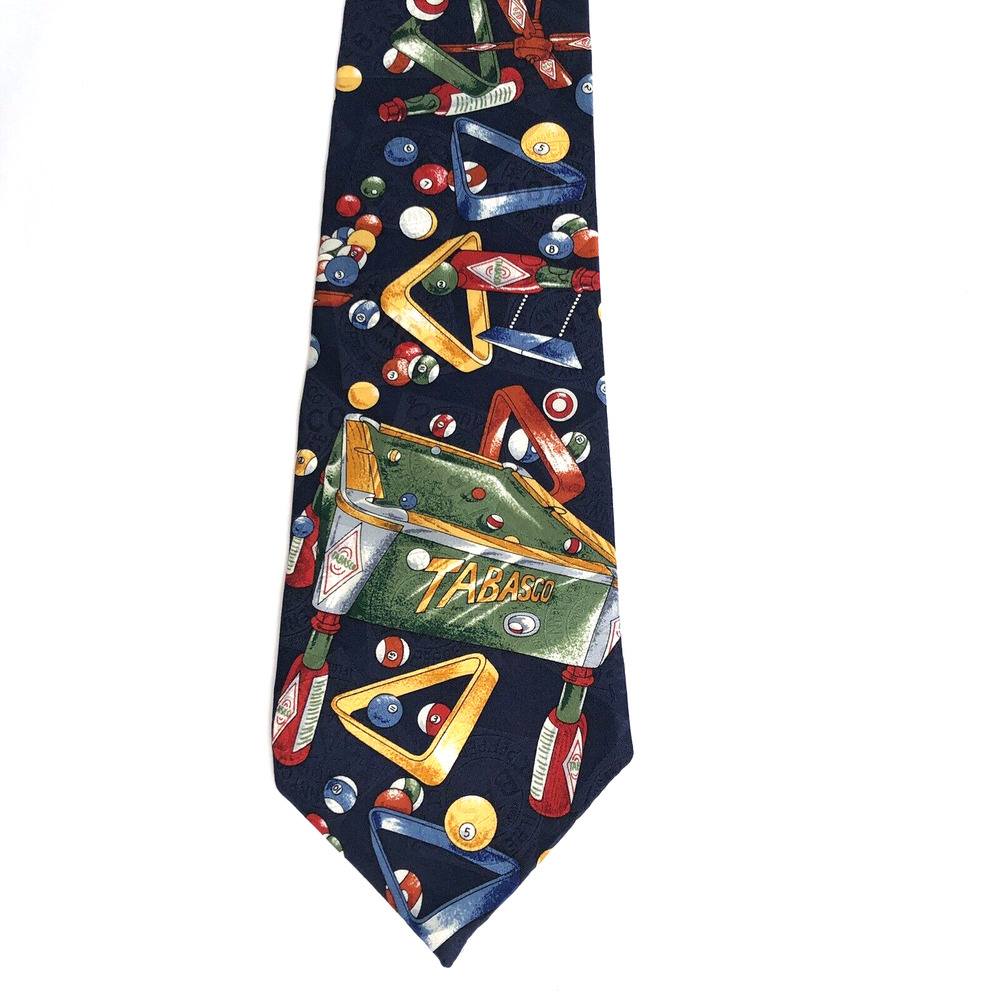 Tabasco Neck Tie 1990s Pool Table  Blue Red Retro Silk USA Made Hot Sauce